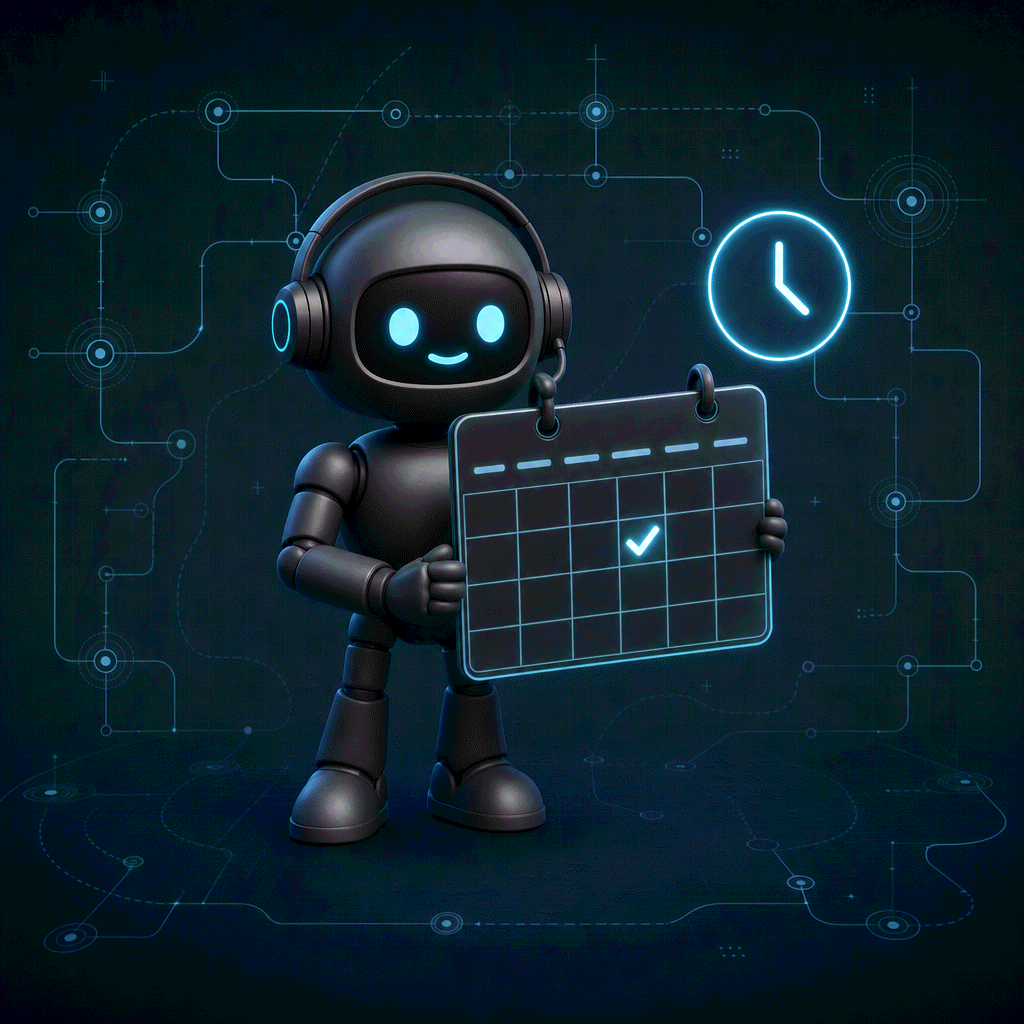 Blueprint workflow illustration of a robot holding a floating calendar with a glowing checkmark