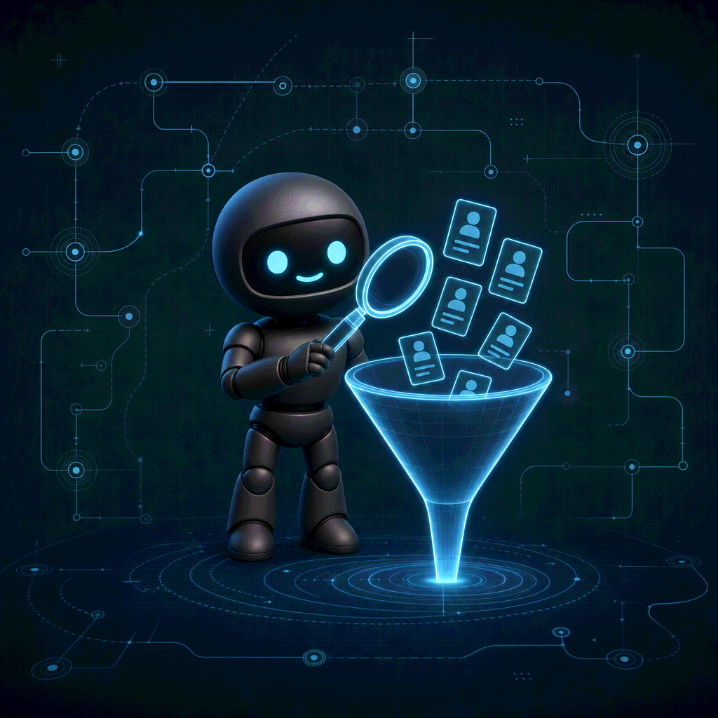 Blueprint workflow illustration of a robot inspecting a glowing funnel with contact cards flowing through