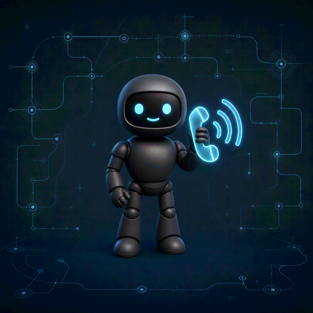 Blueprint workflow illustration of a robot holding a phone with outgoing call waves and a rising arrow