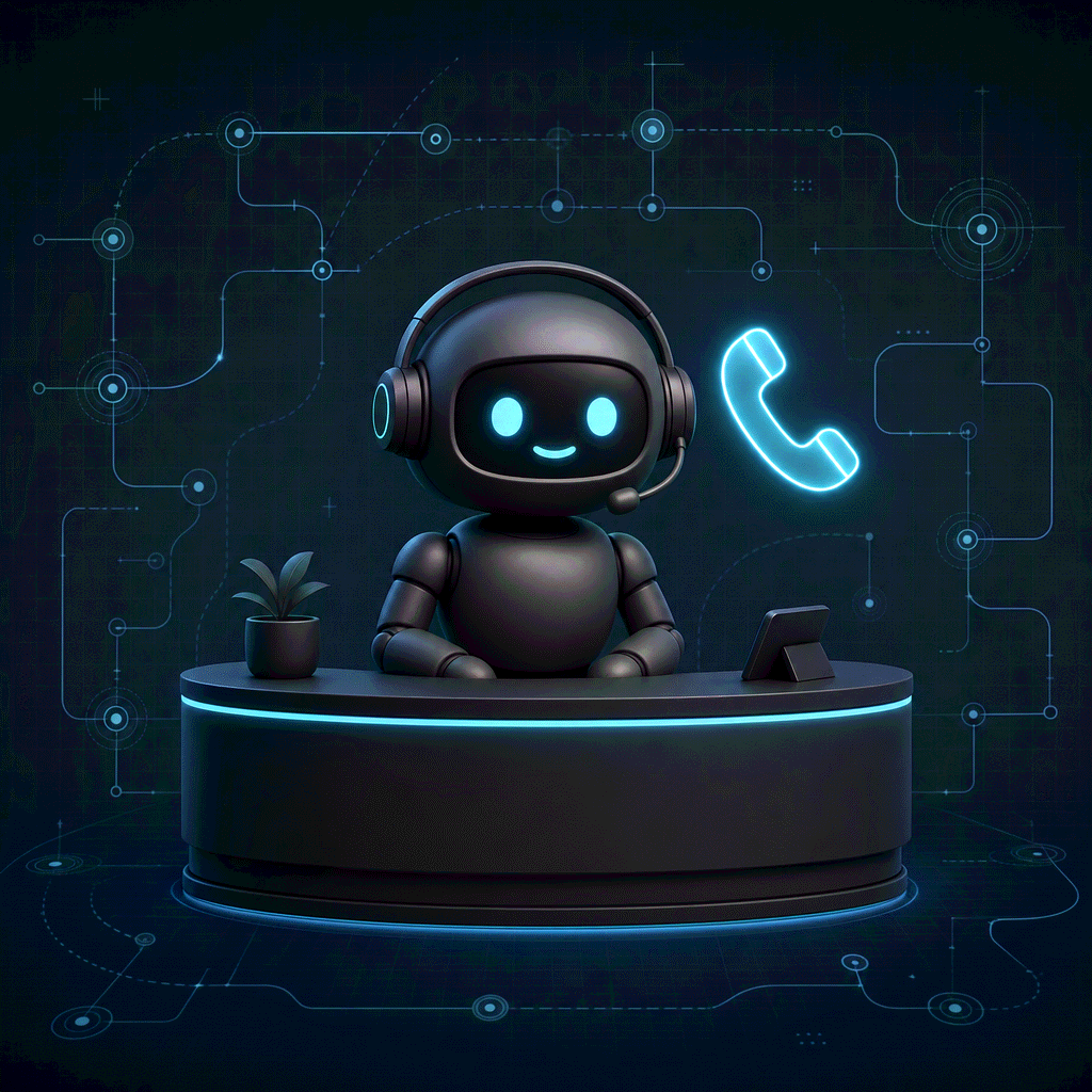 Blueprint workflow illustration of an AI receptionist robot at a front desk with a glowing phone icon