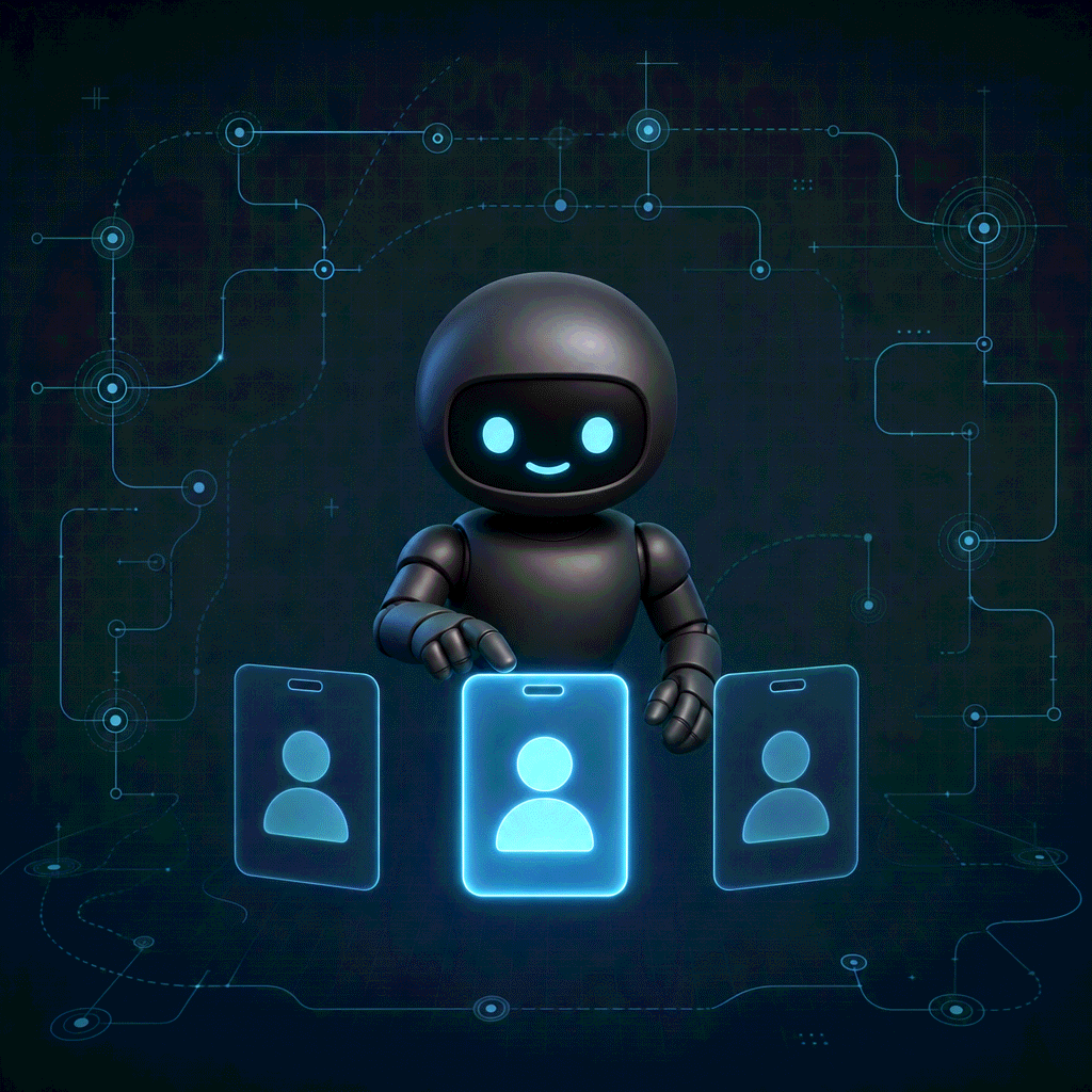 Blueprint workflow illustration of a robot reviewing glowing ID badge cards