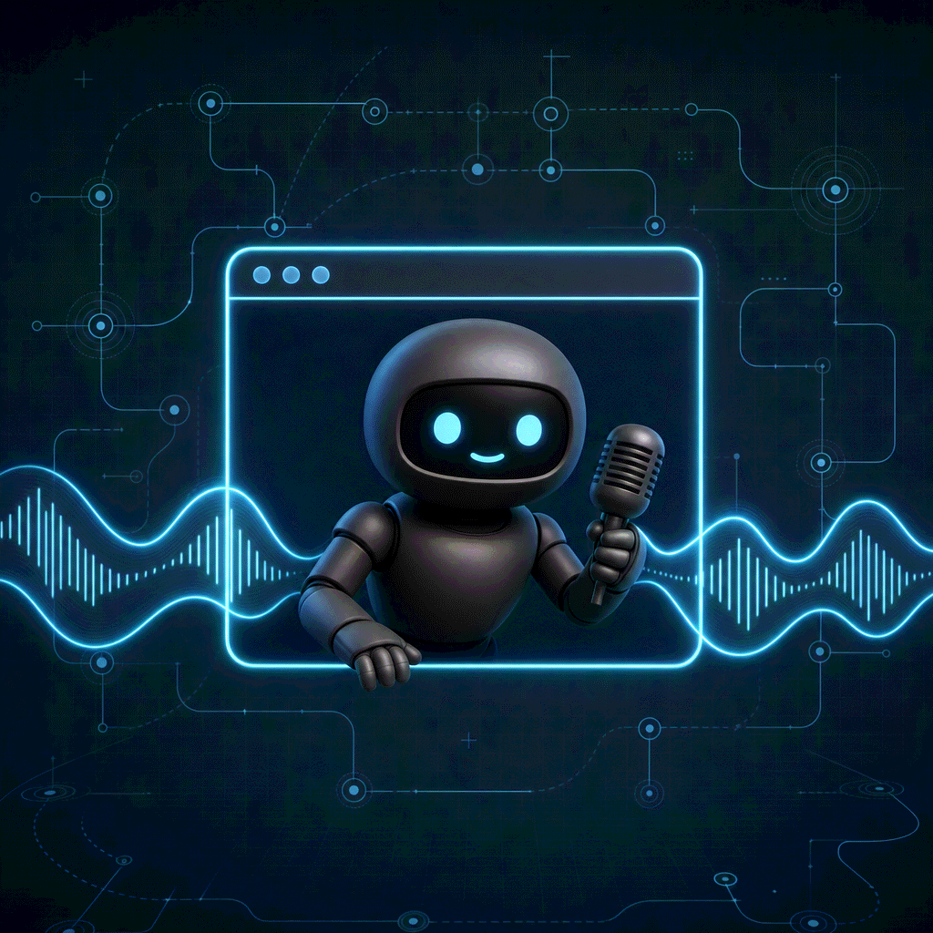 Blueprint workflow illustration of a robot leaning out of a browser window holding a microphone