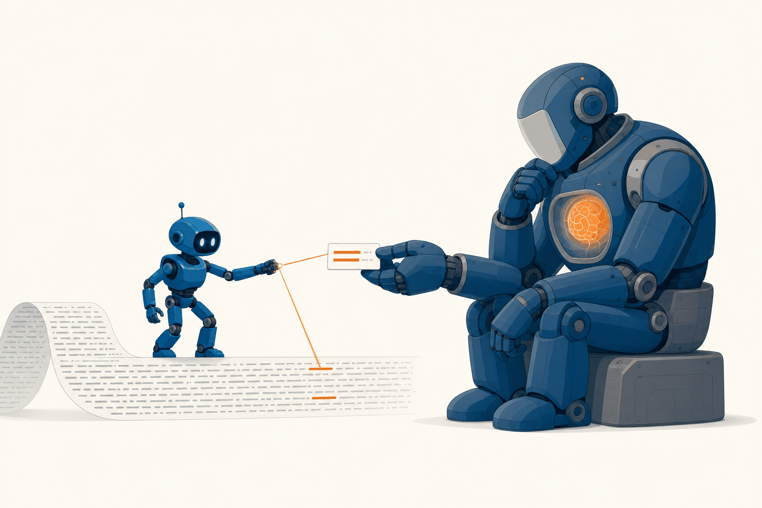 A small model spotlights the relevant lines in a huge document while a large model thinks about only those lines