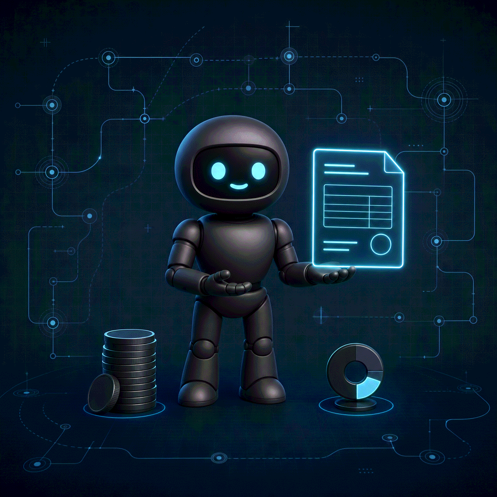 Blueprint workflow illustration of a robot holding a glowing invoice beside a stack of coins