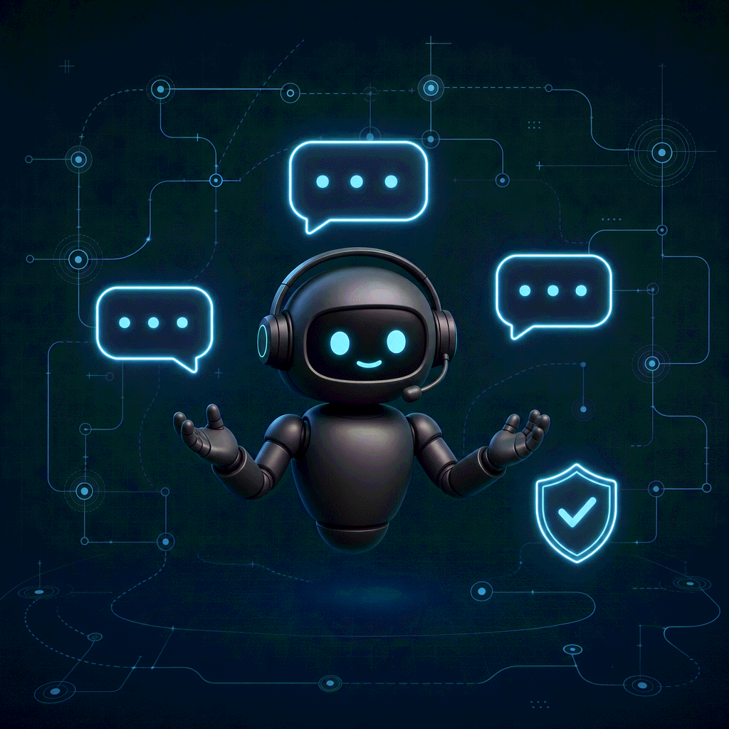 Blueprint workflow illustration of a robot with a headset surrounded by chat bubbles and a shield