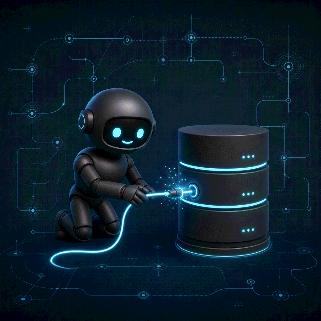 Blueprint workflow illustration of a robot plugging a glowing cable into database cylinders