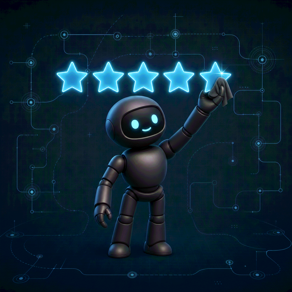 Blueprint workflow illustration of a robot holding up a row of five glowing stars