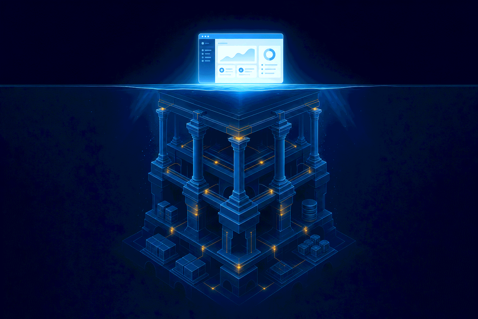 AI application interface supported by a structured production foundation below the surface